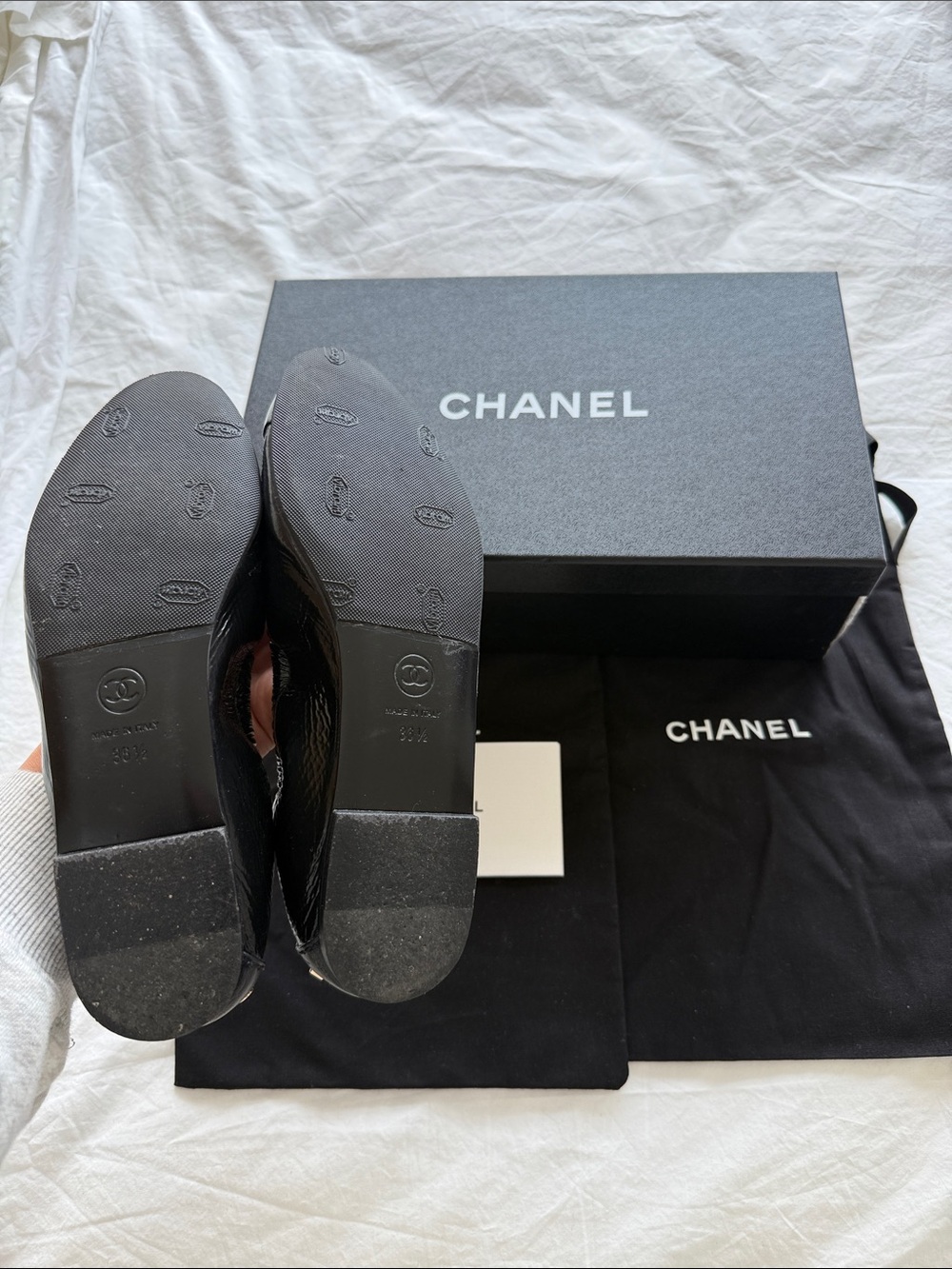 CHANEL Black Leather Slip-On Loafers with Gold Heel Logo - Picture 6 of 9